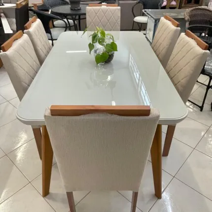 Mesa Rafaela com Vidro (5501) com 6 Cadeiras em Madeira e Tecido Linho CAD152 (3961) - Imagem 3