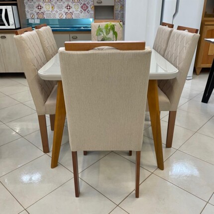 Mesa Rafaela com Vidro (5501) com 6 Cadeiras em Madeira e Tecido Linho CAD152 (3961) - Imagem 5