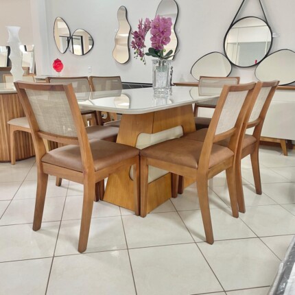 Mesa Dala 1,80m vidro Off White (4342) com 6 Cadeira Madeira Relax (2716) - Imagem 4