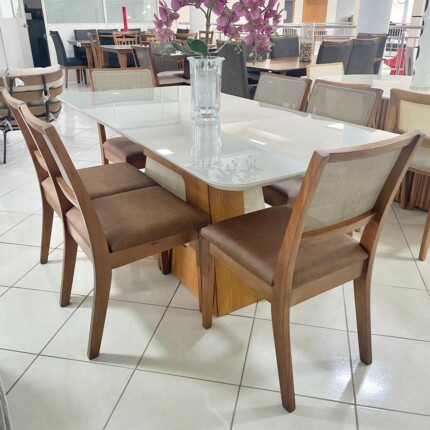 Mesa Dala 1,80m vidro Off White (4342) com 6 Cadeira Madeira Relax (2716) - Imagem 5