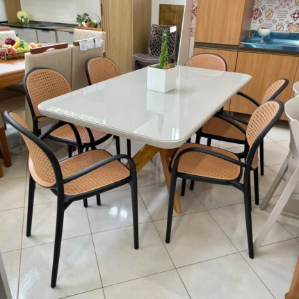 Mesa 1,55m com Vidro (137) com 6 Cadeiras Portofino Roma Preto (3462)