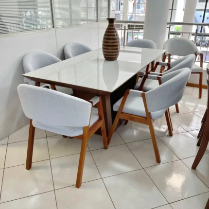 Mesa 1,80m Veneza com Vidro Off White (5852) com 6 Cadeiras Dora Linho (2163) - Imagem 3
