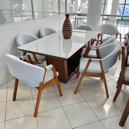Mesa 1,80m Veneza com Vidro Off White (5852) com 6 Cadeiras Dora Linho (2163) - Imagem 1
