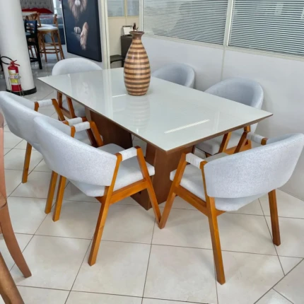 Mesa 1,80m Veneza com Vidro Off White (5852) com 6 Cadeiras Dora Linho (2163) - Imagem 2