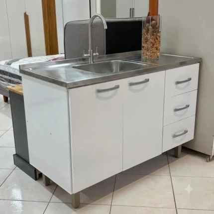 Balcao 1,25m 2 Portas 3 Gavetas (646) com Pia 1,20m de Inox Ghel Plus (745)
