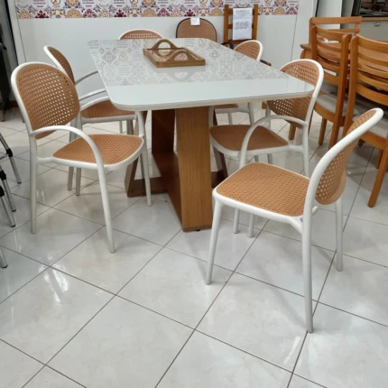 Mesa 1,60m Celeste Vidro Off (555) com 6 Cadeiras Portofino compose (3877-5664)