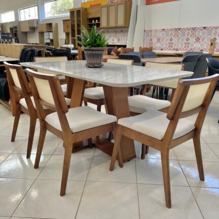 Mesa Celeste Quartzo 1,70m (5472) com 6 Cadeira Relax linho com Tela (2060)
