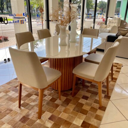 Mesa Oval com Vidro 1,80m (1563) com 6 Cadeiras City Linho (2926) - Imagem 1