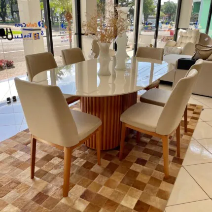 Mesa Oval com Vidro 1,80m (1563) com 6 Cadeiras City Linho (2926) - Imagem 1