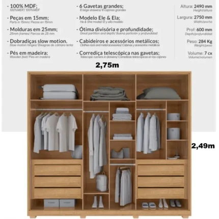 Roupeiro 2,75m 6 Portas 100% MDF Dubai (2888) - Imagem 3