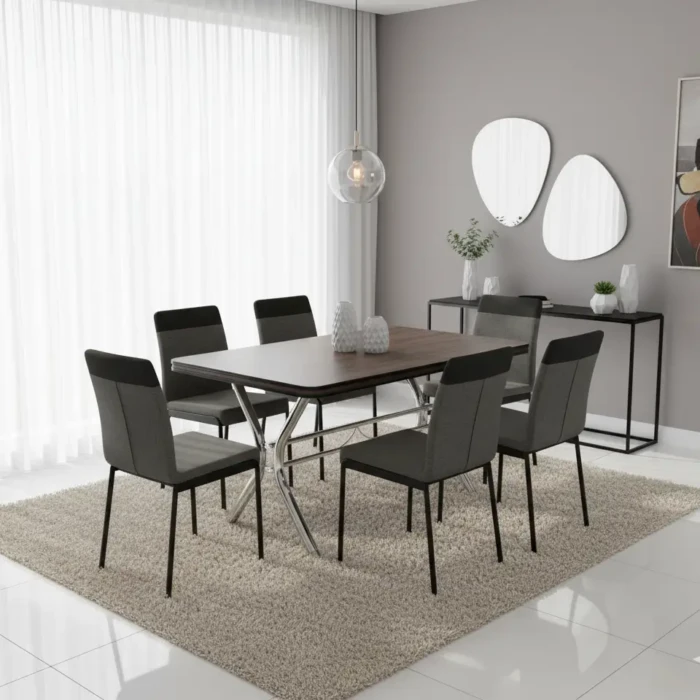 Brastubo - Mesa Cromada 1,60m ME-303 (CD 2590) + 06 Carraro - Cadeira Carraro DUO Preto Linho e Couro (CD 829) (2)