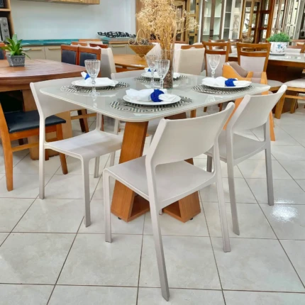 Mesa 1,20 Celeste com Vidro Off White (464) com 4 Cadeiras Mykonos Fendi (6532)