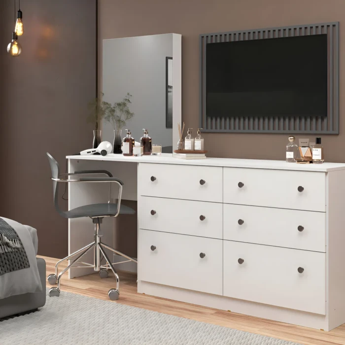 1,80m - Moveis Sul - Penteadeira COMODA 6 Gavetas Maite Branco (CD 1295)