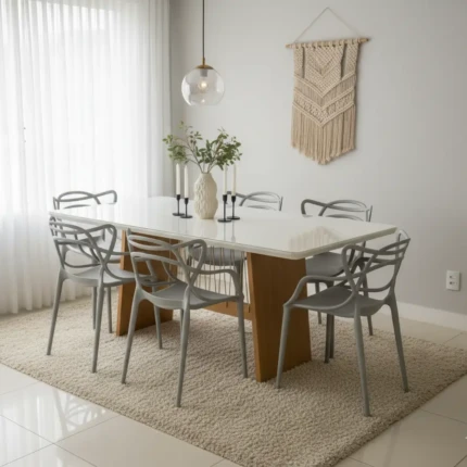 Mesa 1,60m com Vidro Off e Corda (5390) com 06 Cadeiras Allegra Cinza (4304)