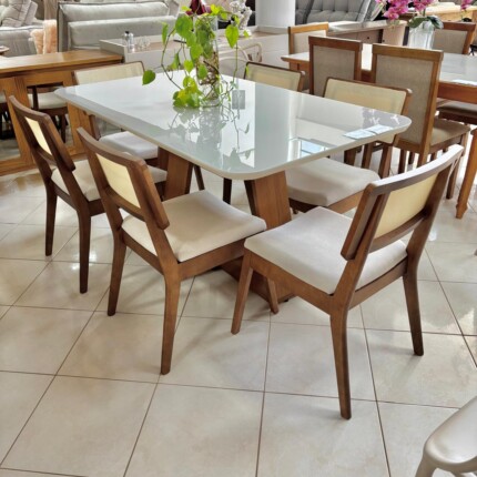 Mesa 1,60m com Vidro Off (555) com 6 Cadeira Astra Linho com Encosto Tela (4281) - Imagem 1