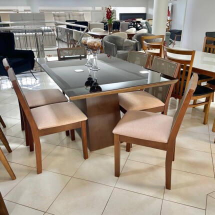 Mesa com Vidro Preto 1,60m (3104) com 6 Cadeiras Havana em Madeira (3561)