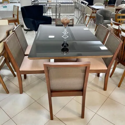Mesa com Vidro Preto 1,60m (3104) com 6 Cadeiras Havana em Madeira (3561) - Image 2
