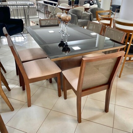 Mesa com Vidro Preto 1,60m (3104) com 6 Cadeiras Havana em Madeira (3561) - Imagem 5