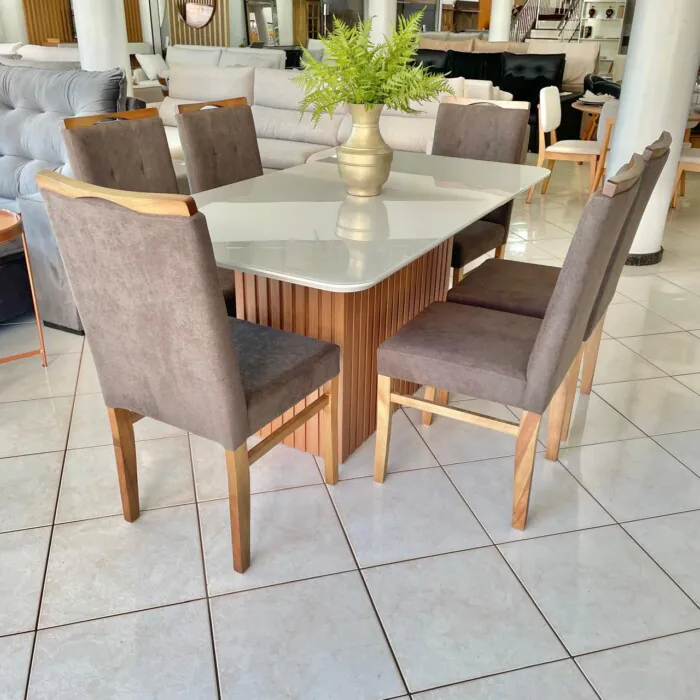 1,70m - DJ - Mesa Cannes FREIJO com Vidro Off White (CD 1977) + 06 Cadeira Stefany Imbuia COM DETALHE COSUTRA Tec Marrom 168 - Mesasul (CD 5862) (1)