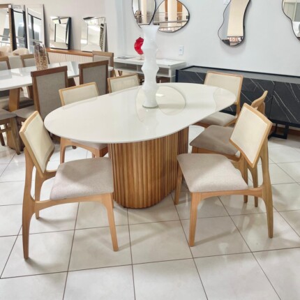 Mesa Oval com Vidro 1,80m (1563) com 6 Cadeiras Romana em Tela (2084) - Imagem 1