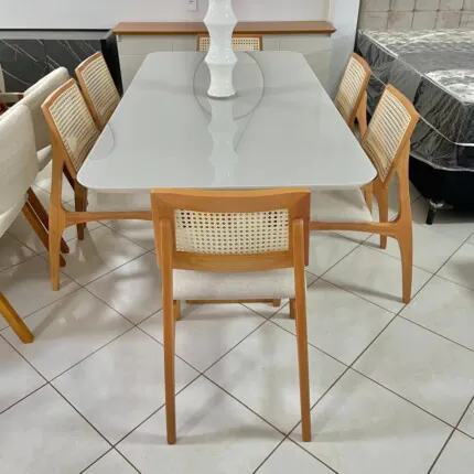 Mesa Dala 1,80m vidro Off White (4342) com 6 Cadeiras Romana em Tela Natural (2217) - Imagem 7