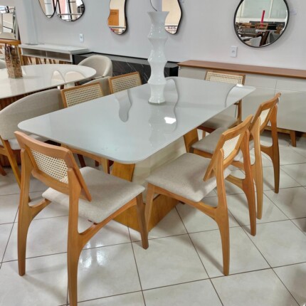 Mesa Dala 1,80m vidro Off White (4342) com 6 Cadeiras Romana em Tela Natural (2217) - Imagem 4