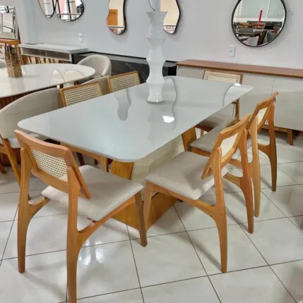 Mesa Dala 1,80m vidro Off White (4342) com 6 Cadeiras Romana em Tela Natural (2217) - Imagem 4