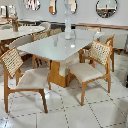 Mesa Dala 1,80m vidro Off White (4342) com 6 Cadeiras Romana em Tela Natural (2217) - Imagem 1