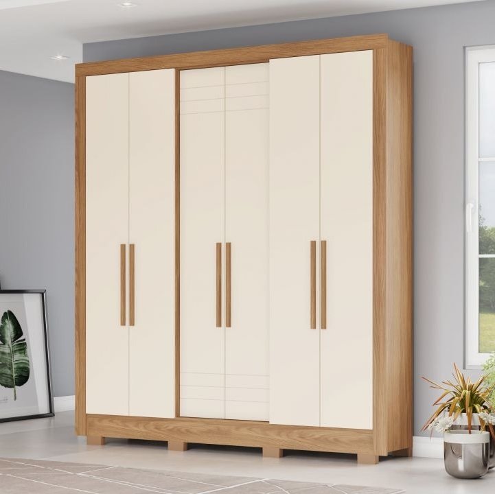 Roupeiro 1,94m 6 Portas B366 Nature/Off White (3745) - Bella Casa