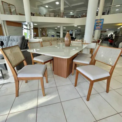 Mesa Canes Ripada 2m (4337) com 8 Cadeira Relax linho com Tela (2060)