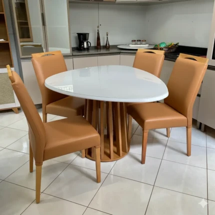 Mesa Organica Ripada com Vidro Off White (4678) com 4 Cadeiras Betina Caramelo Impermeavel (3886)