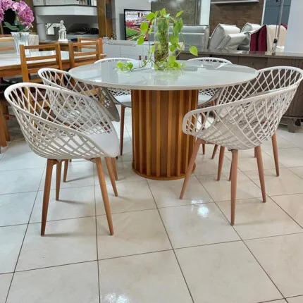 Mesa Redonda 1,36m com Vidro (2906) com 6 Cadeiras Monaco Nude (2340) - Imagem 2