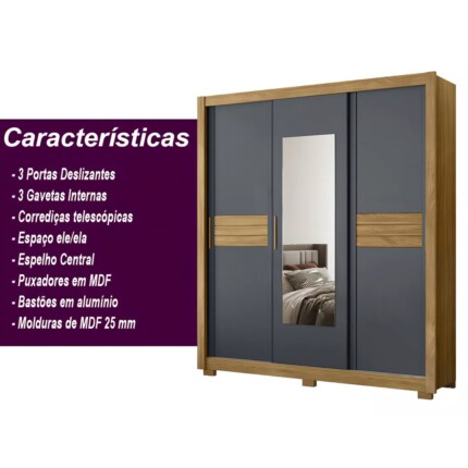 Roupeiro 2,02m 3 Portas Deslizantes com Espelho Canada Cinza (1166) - Imagem 3