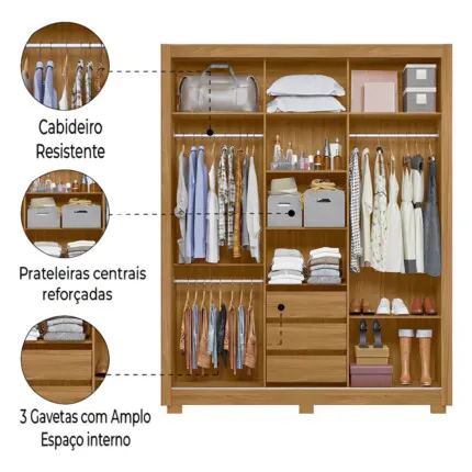 Roupeiro 2,02m 3 Portas Deslizantes com Espelho Canada Off (435) - Imagem 5