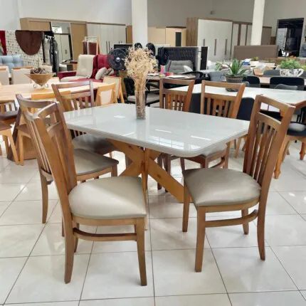Mesa 1,55m com Vidro (137) com 6 Cadeiras Larissa (4890)