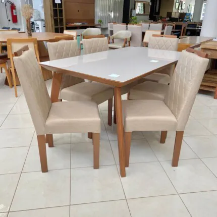 Mesa Naiara com Vidro (3491) com 6 Cadeiras em Madeira e Tecido Linho CAD152 (3961)