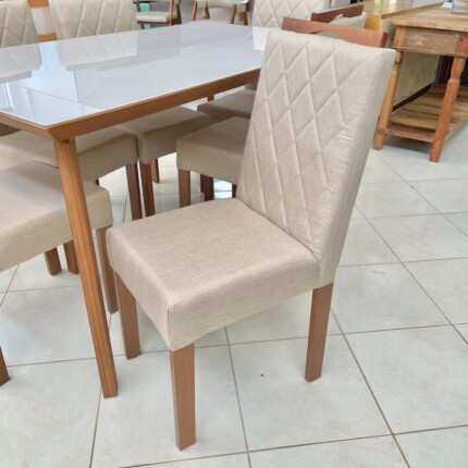 Mesa Naiara com Vidro (3491) com 6 Cadeiras em Madeira e Tecido Linho CAD152 (3961) - Imagem 3