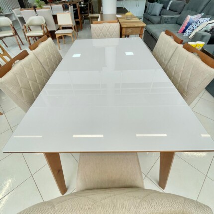 Mesa Naiara com Vidro (3491) com 6 Cadeiras em Madeira e Tecido Linho CAD152 (3961) - Imagem 4
