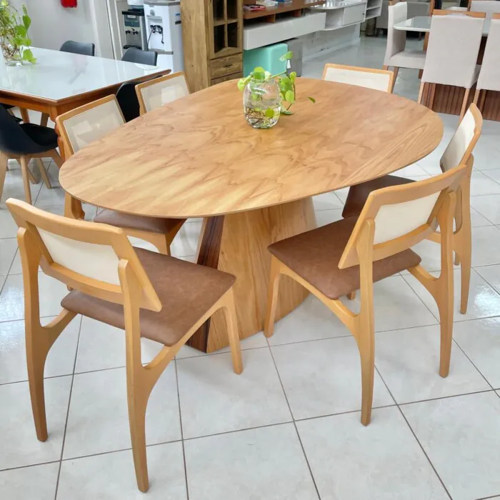 1,80m - Flamingo - Mesa ORGANICA Olivia 1,80 x 1,30m (CD 4215) + 6 Cadeira Romana Amendoa Couro Eco 116 e Tela Sintetica (cd 5051) (6)