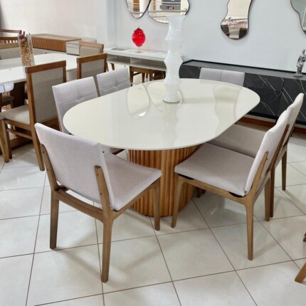 Mesa Oval com Vidro 1,80m (1563) com 6 Cadeiras Hill Linho Claro (6550) - Imagem 5