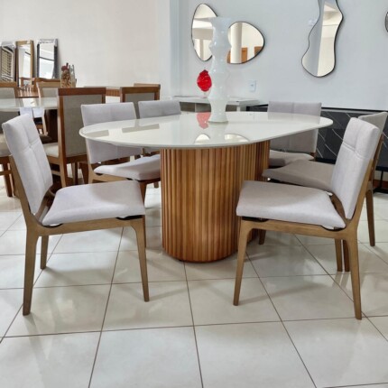 Mesa Oval com Vidro 1,80m (1563) com 6 Cadeiras Hill Linho Claro (6550) - Imagem 2
