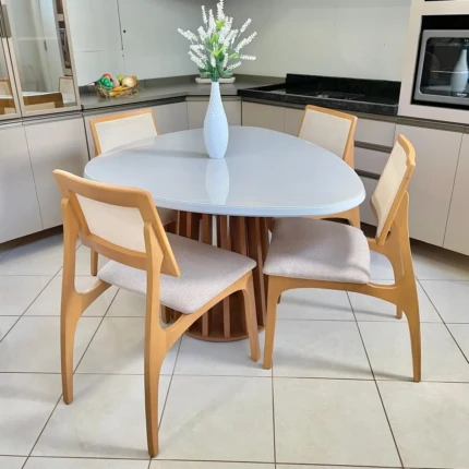 Mesa Organica Ripada com Vidro Off White (4678) com 4 Cadeiras Romana com Tela (2084) - Imagem 3