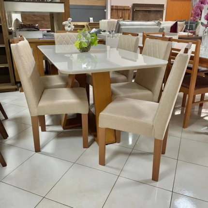 Mesa 1,60m com Vidro Off (555) com 6 Cadeiras Linho (3961) - Imagem 4