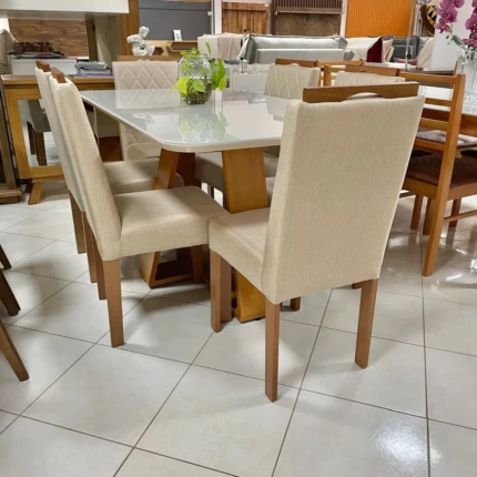 Mesa 1,60m com Vidro Off (555) com 6 Cadeiras Linho (3961)