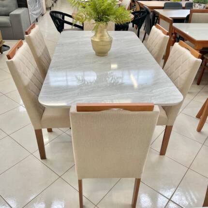 Mesa 1,70m Celeste Quartzo (5472) com 6 Cadeiras em Madeira e Tecido Linho CAD152 (3961) - Imagem 5