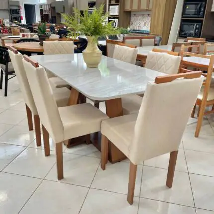 Mesa Celeste Quartzo 1,70m (5472) com 6 Cadeiras em Madeira e Tecido Linho CAD152 (3961)