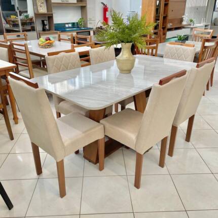 Mesa 1,70m Celeste Quartzo (5472) com 6 Cadeiras em Madeira e Tecido Linho CAD152 (3961) - Imagem 4