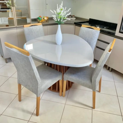 Mesa Organica Ripada com Vidro Off White (4678) com 4 Cadeiras Betina tecido Impermeavel (5260) - Imagem 4
