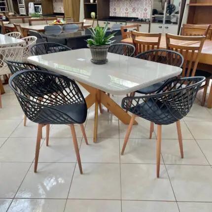 Mesa 1,55m com Vidro (137) com 06 Cadeiras Monaco Preto (5767)