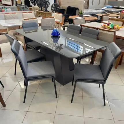 Mesa Dala 1,80m vidro Preto (2231) com 06 Cadeiras Aço Preto Duo (829)